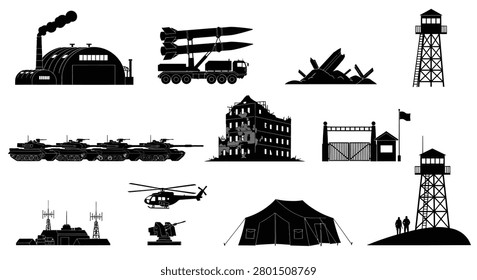 Collection of military vehicles, equipment and structures in black and white illustration