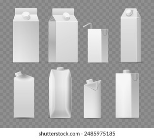 Collection Of Milk And Juice Packaging In Different Shapes And Sizes. Realistic 3d Vector Mockup Of Carton Boxes