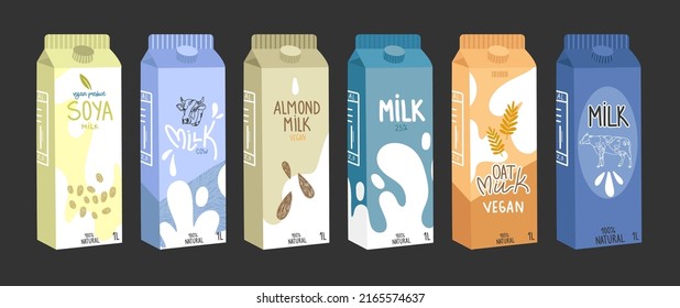 collection of milk vector box stickers. a set of regular milk, oats, soy, rice milk. Packing a bottle of milk in trendy hand-drawn bright colors