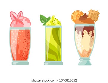 Collection of milkshakes, ice cream, fruit juice on a white background. Strawberry, mint and Caramel