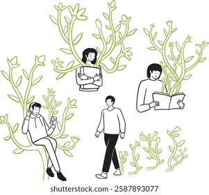 A collection of mindfulness-themed illustrations featuring people engaged in activities like reading