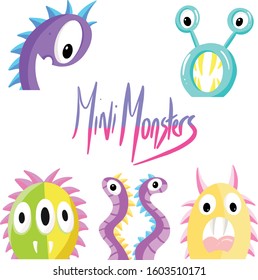 Collection of Mini Monster Fictional Imaginary Characters Cartoon Illustration Vectors
