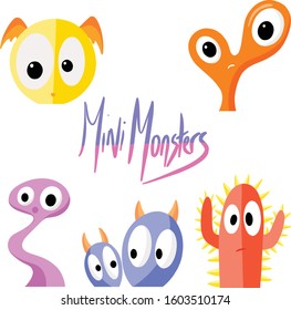 Collection of Mini Monster Fictional Imaginary Characters Cartoon Illustration Vectors