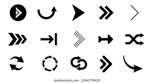 Collection of minimal arrow icons in different shapes and orientations. Navigation symbols for UI and directional indicators.