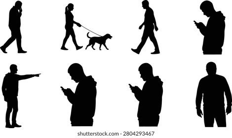 Collection of minimal black human figures on a clean white background, showcasing various standing poses and phone
