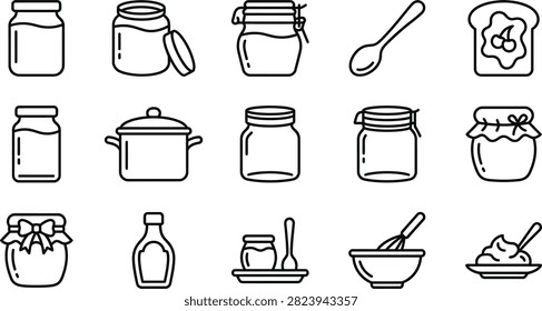 A collection of minimal black line art icons featuring cherry jam jars, kitchen utensils, and sweet food elements.