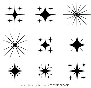 Una colección de iconos vectoriales negros mínimos con varias Formas de brillo, estrella, brillo y estallido estelar para Elementos de diseño, efectos de luz y superposiciones de gráficos limpios.