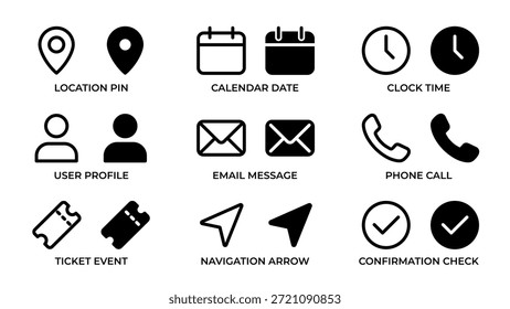 Eine Sammlung von minimalen schwarzen Vektorsymbolen, die sowohl in Umriss- als auch in Volltonstilen gerendert werden. Enthält Symbole für Speicherort, Kalender, Benutzer, E-Mail, Telefon, Ticket und mehr für Web- und App-Schnittstellen.