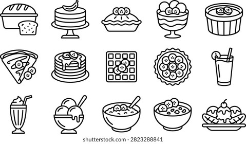 A collection of minimal black and white line art icons depicting various banana desserts, drinks, and breakfast recipes.