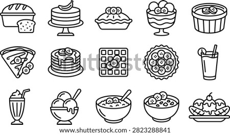 A collection of minimal black and white line art icons depicting various banana desserts, drinks, and breakfast recipes.