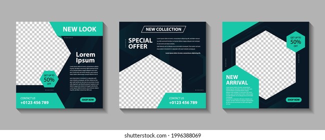 A collection of minimal editable square banner templates. With a hexagon-shaped photo frame. Suitable for social media posting and web internet advertising. Vector illustration