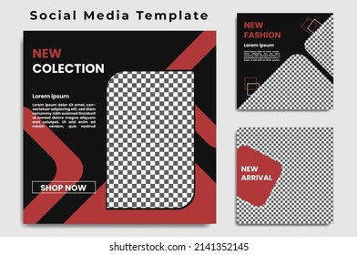 A collection of minimal editable square banner templates. The background color is black, red and red and whites fonts  with stripes. Suitable for social media posting and web internet advertising