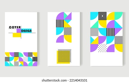 Colección de carteles de diseño geométrico mínimo, portada, plantilla con elementos de formas primitivas. Fondo de Bauhaus, arte abstracto vectorial
