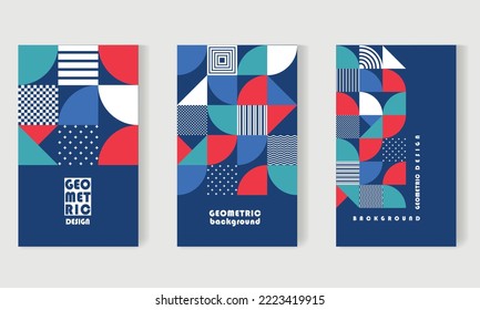 Collection minimal geometric design posters, cover, template with primitive shapes elements. Bauhaus background, vector abstract art