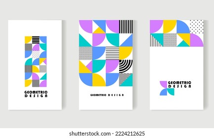 Collection minimal geometric design posters, cover, template with primitive shapes elements. Bauhaus background, vector abstract art