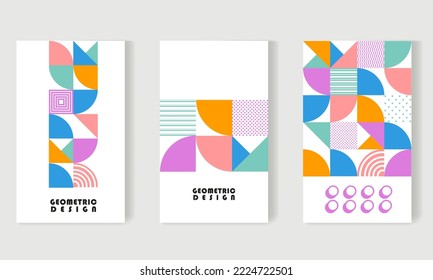 Collection minimal geometric design posters, cover, template with primitive shapes elements. Bauhaus background, vector abstract art