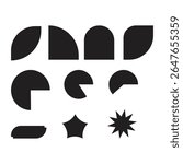 A collection of minimal geometric vector shapes in black, including semi-circles, quarter circles, rounded corners, stars, and abstract forms. These versatile design elements are ideal for logo constr