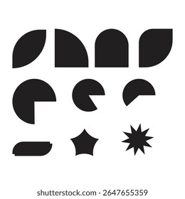 Uma coleção de formas vetoriais geométricas mínimas em preto, incluindo semicírculos, círculos em quartos, cantos arredondados, estrelas e formas abstratas. Estes elementos de design versáteis são ideais para constr de logotipo