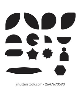 Uma coleção de formas vetoriais geométricas mínimas em preto, incluindo semicírculos, círculos em quartos, cantos arredondados, estrelas e formas abstratas. Estes elementos de design versáteis são ideais para constr de logotipo