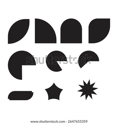 A collection of minimal geometric vector shapes in black, including semi-circles, quarter circles, rounded corners, stars, and abstract forms. These versatile design elements are ideal for logo constr