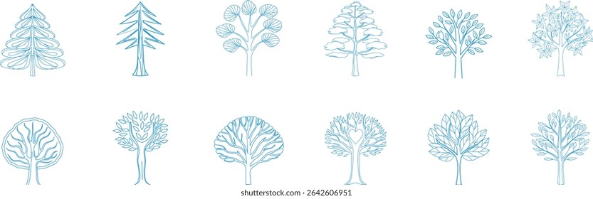 Collection of minimal hand-drawn blue tree illustrations with diverse shapes, perfect for eco projects, nature prints, educational designs, and decorative landscape graphics.