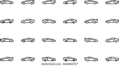 Collection of Minimal Line Icons Representing Various Vehicles Including Cars, Trucks, Buses, Motorcycles, Bicycles, Construction Equipment, and Emergency Vehicles