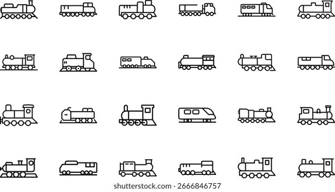 Colección de íconos de línea mínimos que representan varios vehículos, incluidos automóviles, camiones, autobuses, motocicletas, bicicletas, equipos de construcción y vehículos de emergencia