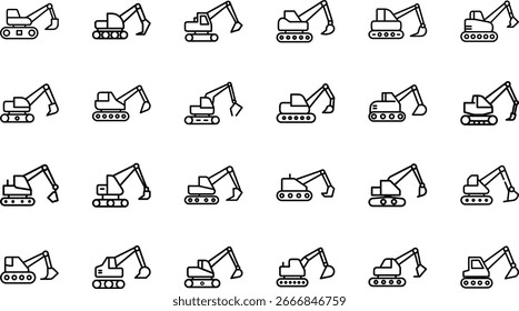 Sammlung von Minimal Line Icons, die verschiedene Fahrzeuge darstellen, darunter Autos, LKWs, Busse, Motorräder, Fahrräder, Baumaschinen und Notfallfahrzeuge
