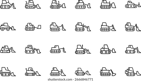 Collection of Minimal Line Icons Representing Various Vehicles Including Cars, Trucks, Buses, Motorcycles, Bicycles, Construction Equipment, and Emergency Vehicles