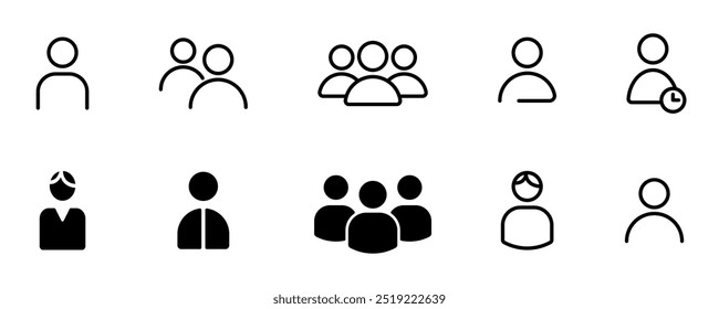 A collection of minimal line and solid icons depicting user profiles and groups, suitable for interfaces and business applications.