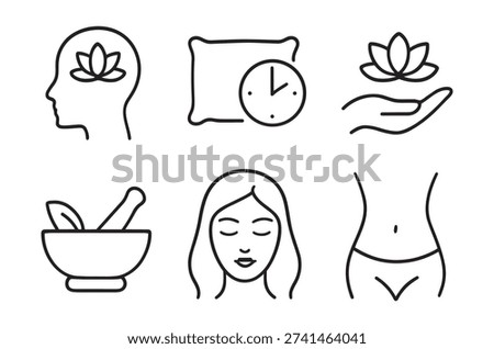 A collection of minimal, linear icons representing various aspects of wellbeing and self-care.
