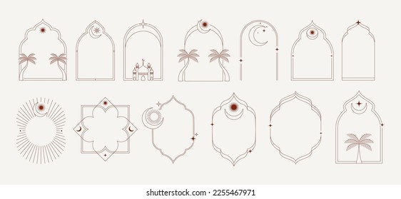 Collection of minimal linear style Islamic windows and arches with modern boho design, moon, mosque dome and lanterns. Minimalistic illustrations