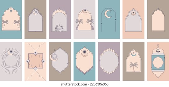 Collection of minimal linear style Islamic windows and arches with modern boho design, moon, mosque dome and lanterns. Minimalistic illustrations