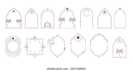 Collection of minimal linear style Islamic windows and arches with modern boho design, moon, mosque dome and lanterns. Minimalistic illustrations