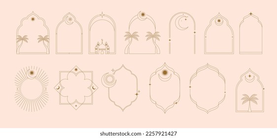 Collection of minimal linear style Islamic windows and arches with modern boho design, moon, mosque dome and lanterns. Minimalistic illustrations