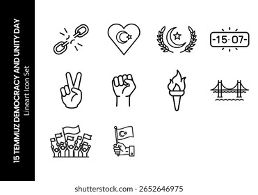 A collection of minimal lineart icons inspired by 15 Temmuz Democracy and National Unity Day in Turkey. This vector set includes symbols of resistance, Turkish flags, peace, freedom, and unity.