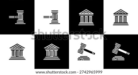 Collection of minimal line-style vector icons representing legal authority, judicial systems, and official government buildings, isolated on black and white backgrounds.