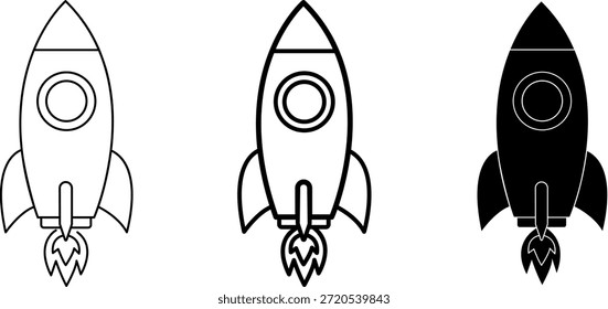 A collection of minimal rocket icons in both outline and solid black styles, symbolizing a business startup launch and technological progress. These vector illustrations represent speed, innovation, and the strategic beginning of a successful mission.