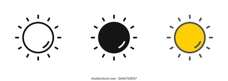 Collection of minimal sun icon illustrations symbolizing daylight, energy, brightness, and weather elements in flat graphic vector design.