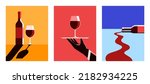 Collection of minimal vintage posters with bottle, glass of red wine. Restaurant menu, invitation for an event, festival, party. Wine tasting concept. Retro vector illustration set
