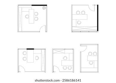 Collection minimalist 2d vector graphic of a office cubical design, highligthing clean lines and efficient use of space. Perfect for architectural plans and interior design concepts. Set 12
