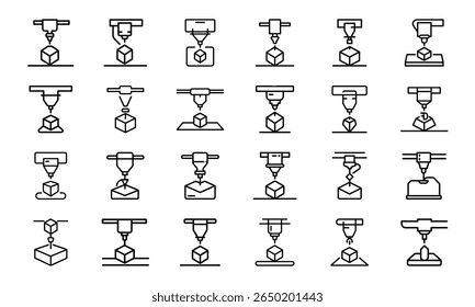 Coleção de ícones minimalistas da máquina de impressão 3d representando processos de fabricação aditiva