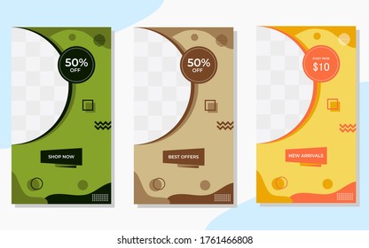 Collection of minimalist abstract background with modern and mockup frame concept, half circle shapes with memphis style. Suitable for social media stories post templates, brochure, flyer, banner etc