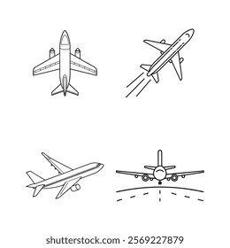 A collection of minimalist airplane line drawings showcasing different perspectives, including top view, angled flight, landing, and side views. Perfect for aviation-related designs, travel themes.