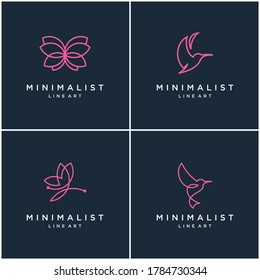 Collection of minimalist animal logo design lines, butterfly and hummingbird. abstract vector design logos.