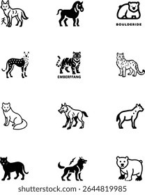 Collection of minimalist animal logos: fox, horse, bear, cheetah, tiger, snow leopard, arctic fox, wolf, hyena, panther, wolf, polar bear.