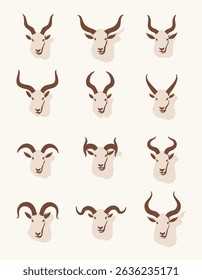 A collection of minimalist antelope head illustrations with varied horn shapes, arranged in a grid on a light background. The stylized design highlights the elegance of the animals in a simple, artist