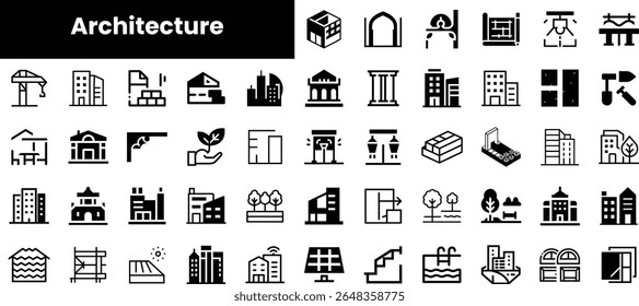 A collection of minimalist architecture icons showcasing various building types, structural elements, and design motifs in a sleek black and white style.
