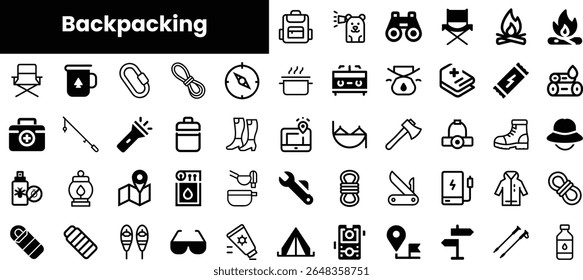A collection of minimalist backpacking icons featuring essential gear such as tents, compasses, and first aid kits, perfect for outdoor enthusiasts.
