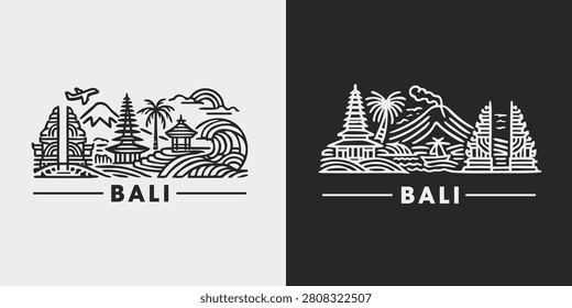 Collection of minimalist Bali landmarks featuring temples palm trees and ocean waves in a stylish black and white line art design for travel themes